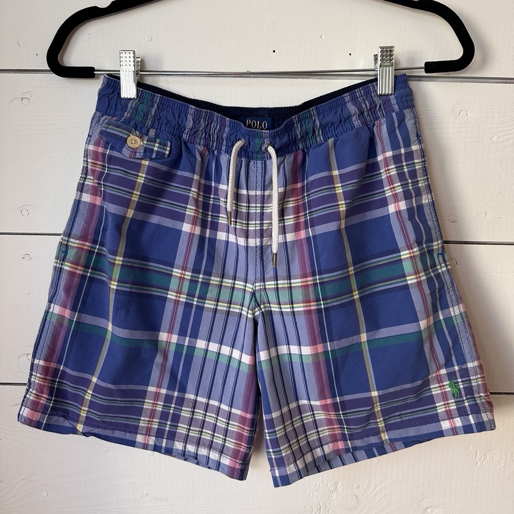 Polo Ralph Lauren Boys Blue Plaid Swim Shorts Trunks Sz L 14-16 Beach Vacation